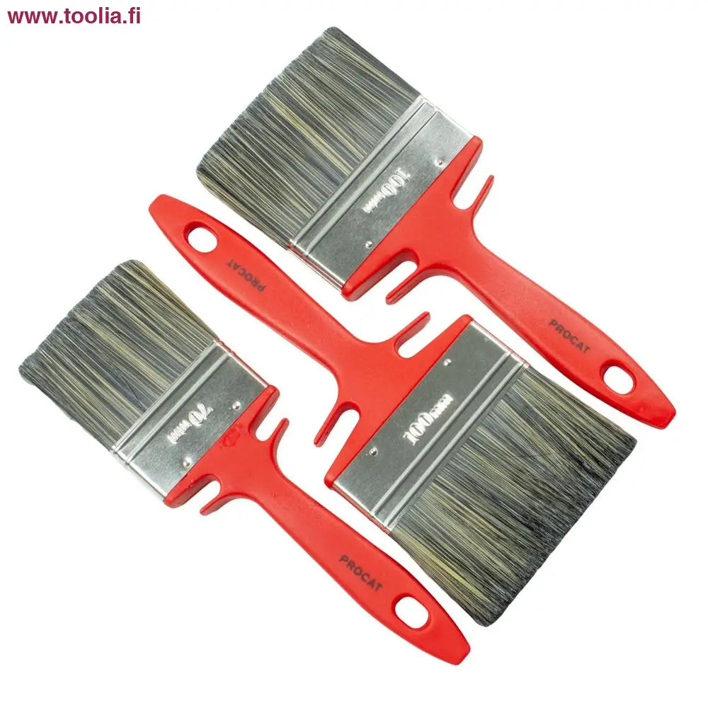 Procat Ulkosivellinsarja 3-os 2 x 100 mm + 1 x 70 mm|Procat Ulkosivellinsarja pakkauksessa|Procat Ulkosivellinsarja lautojen päällä|Procat Ulkosivellinsarja harjasosa|Procat Ulkosivellinsarja varsi ja purkinpidike|Procat Ulkosivellinsarja yksittäinen sivellin