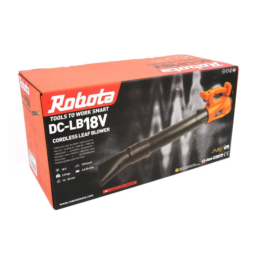Robota DC-LB18V akkulehtipuhallin oranssi-musta pakkauksessa, säädettävä teho
