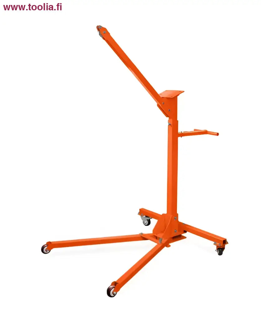 Oranssi metallinen robota nostoteline akkuvinssille pyörillä ja teleskooppivarrella