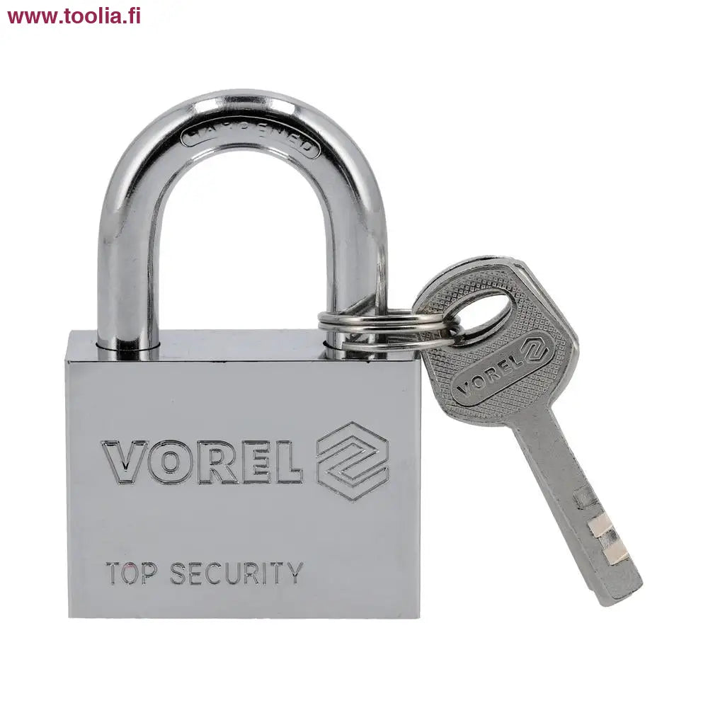 Vorel Riippulukko 50 mm kromi 4-avainta|Vorel Riippulukko paketissa|Vorel Riippulukko sivulta|Vorel Riippulukko edestä