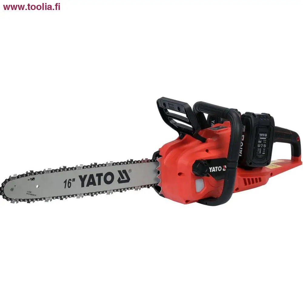 Yato Akkumoottorisaha 16" 2x18V 2 x 4AH akku + pikalaturi sarja|Yato Akkumoottorisaha sivulta|Yato Akkumoottorisaha takaa|Yato Akkumoottorisaha akku|Yato Akkumoottorisaha pikalaturi|Yato Akkumoottorisaha kuvituskuva