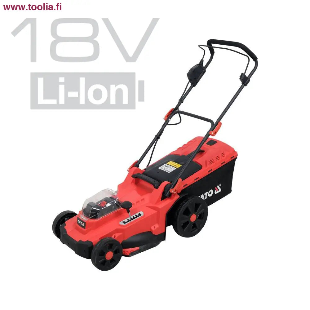 Yato Akkuruohonleikkuri 2 x 18V 43 cm + 2x4.0 Ah akku ja laturi|Yato akkuruohonleikkuri sivulta|Yato akkuruohonleikkuri|Yato akkuruohonleikkuri korkeudensäädin|Yato akkuruohonleikkuri akun ilmaisin|Yato akkuruohonleikkuri kuvituskuva