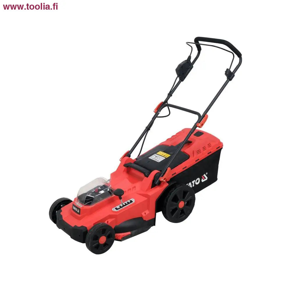Yato Akkuruohonleikkuri 2 x 18V 43 cm runko|Yato Akkuruohonleikkuri 43 cm kuvituskuva|Yato Akkuruohonleikkuri 43 cm sivulta|Yato Akkuruohonleikkuri 43 cm viistosta|Yato Akkuruohonleikkuri 43 cm akun varaustason ilmaisin|Yato Akkuruohonleikkuri 43 cm korkeuden säädin