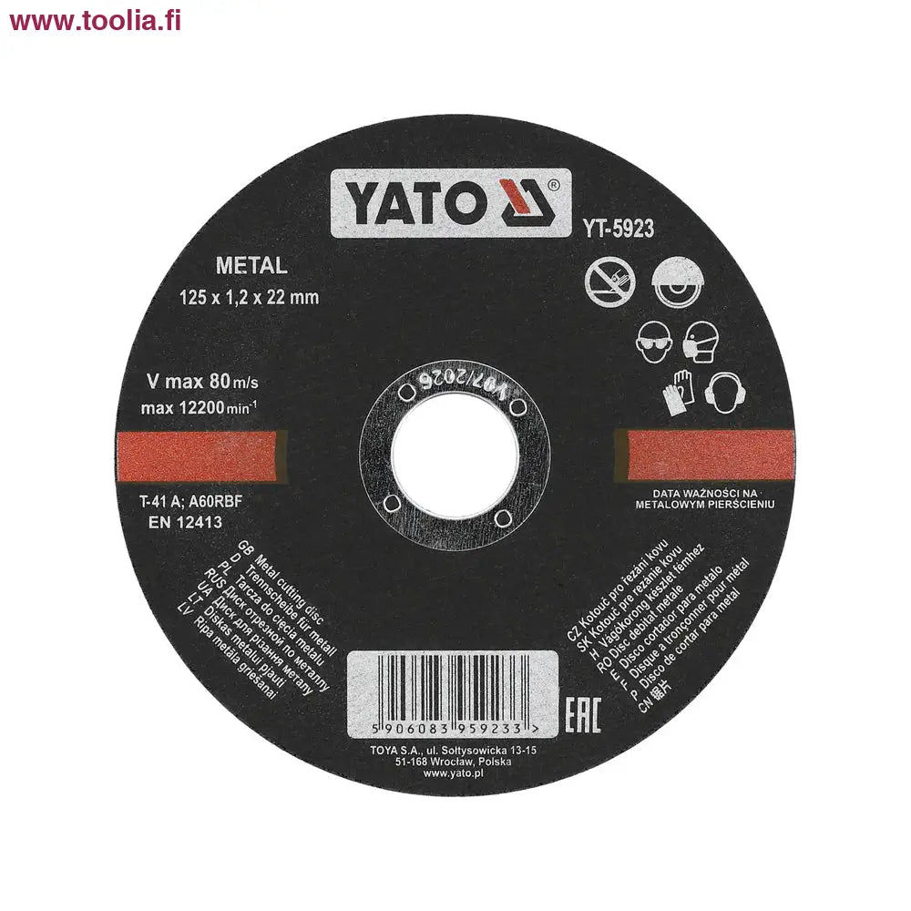 Yato Katkaisulaikka metallille|Yato katkaisulaikka metallille kuvituskuva|Yato katkaisulaikka metallille takaa|Yato Katkaisulaikka metallille 230 x 2 mm 5 kpl / pkt|Yato Katkaisulaikka metallille 125 x 1.2 mm 5 kpl / pkt|Yato Katkaisulaikka metallille 115 x 1.2 mm 5 kpl / pkt