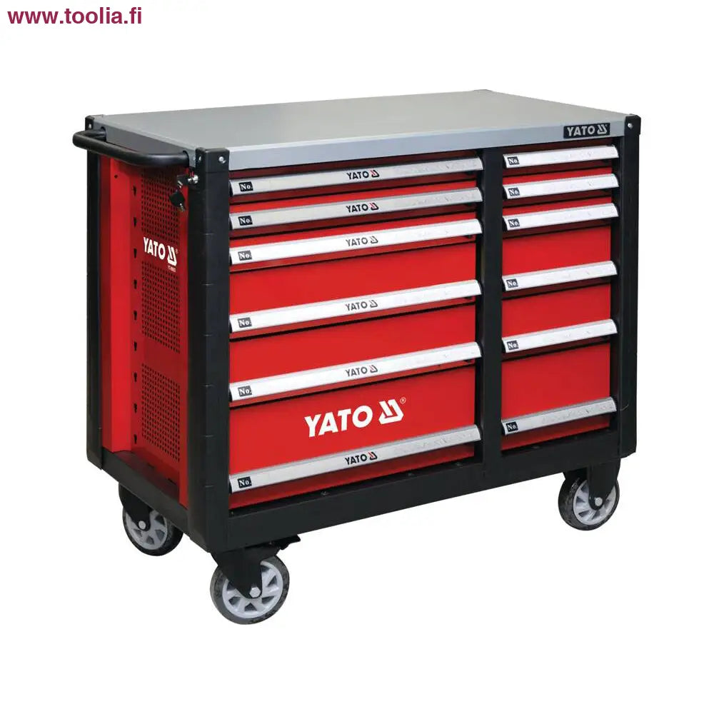 Yato Työkaluvaunu 12-laatikkoa renkailla 600 kg terästasolla|Yato Työkaluvaunu 12-laatikkoa lokeron lukko|Yato Työkaluvaunu 12-laatikkoa sivulta|Yato Työkaluvaunu 12-laatikkoa lukko|Yato Työkaluvaunu 12-laatikkoa työtaso|Yato Työkaluvaunu 12-laatikkoa vetolaatikko