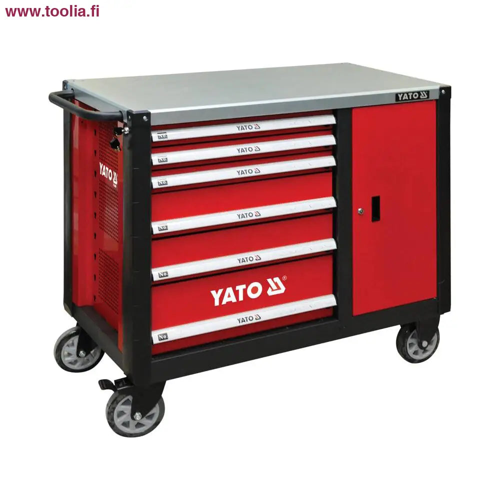 Yato Työkaluvaunu 6+1 -laatikkoa renkailla 600 kg terästasolla|Yato Työkaluvaunu 6+1 työtaso|Yato Työkaluvaunu 6+1 vetolaatikko|Yato Työkaluvaunu 6+1 lukko|Yato Työkaluvaunu 6+1 laatikkolukko|Yato Työkaluvaunu 6+1 sivulta|Yato Työkaluvaunu 6+1 kuvituskuva