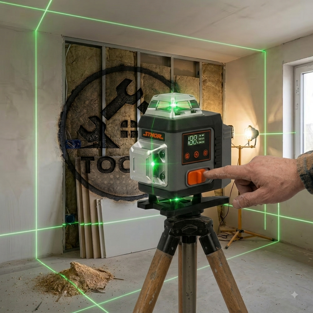 Sthor 4D linjalaser 16 linjalla tuo tarkkuutta rakentamiseen ja remontointiin. Vihreä lasersäde näkyy selkeästi ja helpottaa vaaka- ja pystylinjausten tekemistä.