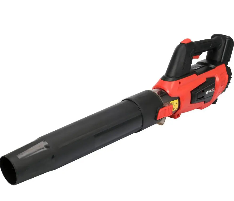 Punainen ja musta Yato akkulehtipuhallin 18V robota lehtipuhaltimet teksturoidulla kahvalla.