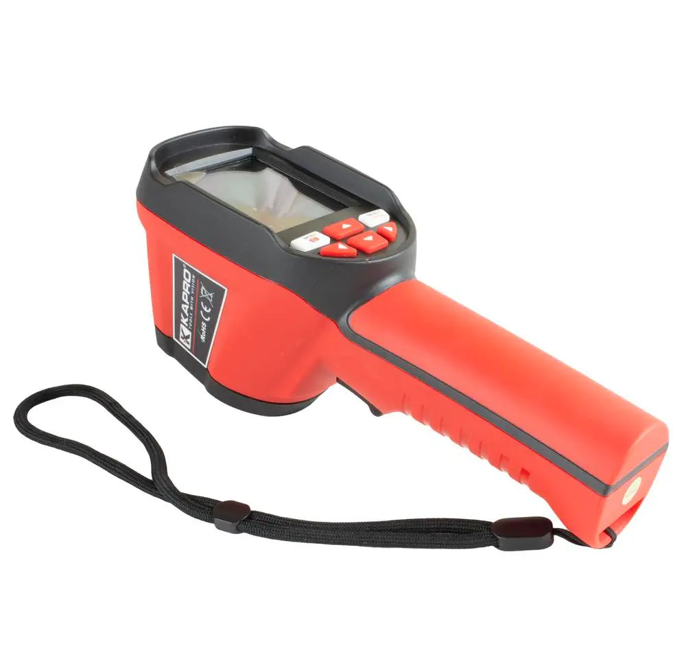 Punainen ja musta handheld-infrapunamittari laserilla, diginäytöllä ja ranteen hihnalla.