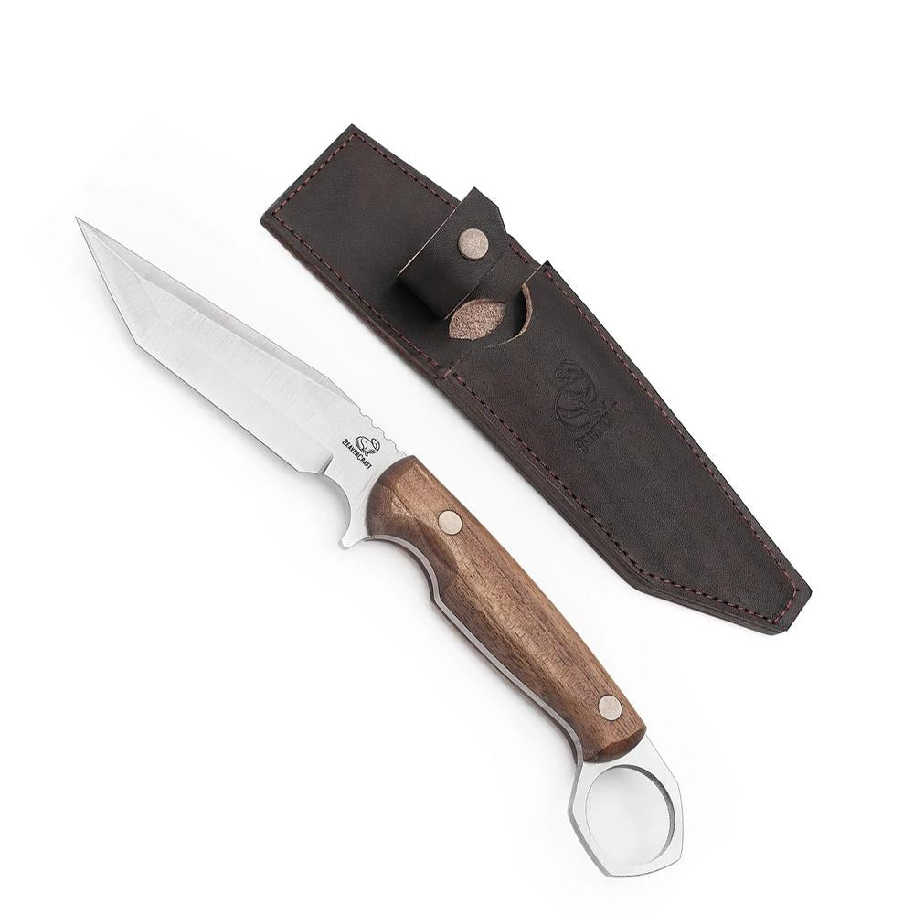 BeaverCraft Eräpuukko 260 mm CGK1 pähkinäpuukahva + tuppi|BeaverCraft Eräpuukko CGK1 myyntipakkaus|BeaverCraft Eräpuukko CGK1 tiedot|BeaverCraft Eräpuukko CGK1 kädessä