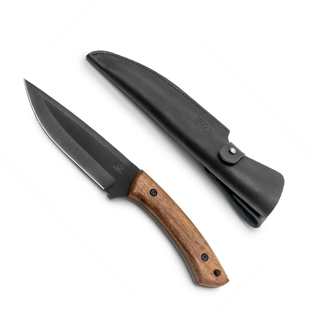 BeaverCraft Metsästyspuukko HGK1 275 mm pähkinäpuu + tuppi|BeaverCraft Metsästyspuukko 275 mm myyntipakkaus|BeaverCraft Metsästyspuukko 275 mm kädessä