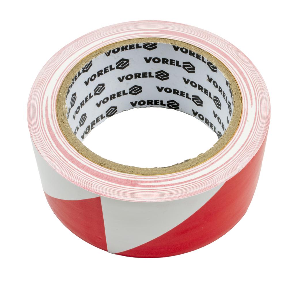 Vorel Varoitusteippi 48mm x 33m  punainen/valkoinen|Vorel varoitusteippi pakkauksessa|Varoitusteippi levitettynä|Varoitusteippirulla betonilattialla