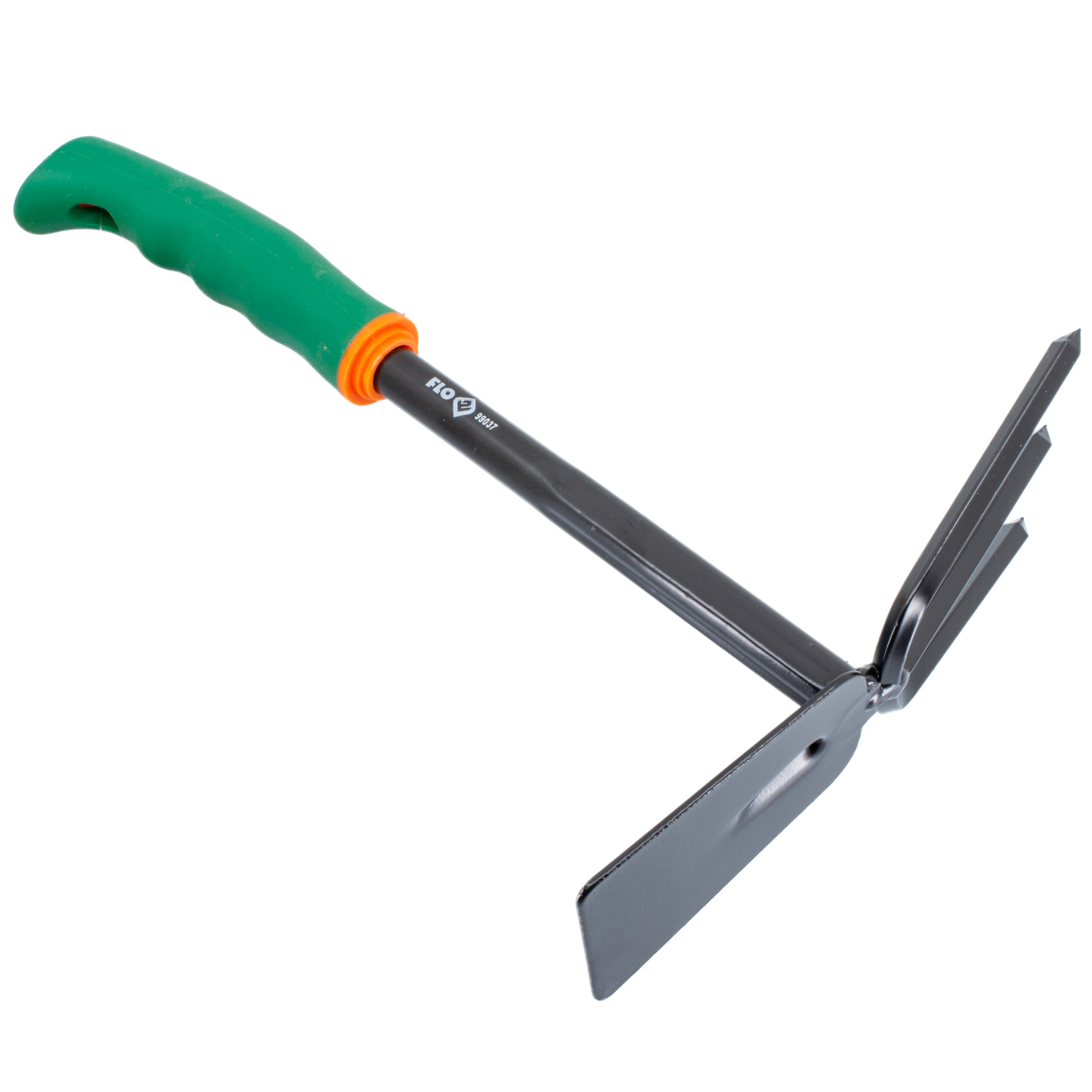 Flo Puutarhakuokka 300 mm 3-piikkiä + kuokka|Flo Puutarhakuokka myyntipakkaus|Flo Puutarhakuokka kuvituskuva|Flo Puutarhakuokka edestä|Flo Puutarhakuokka sivulta