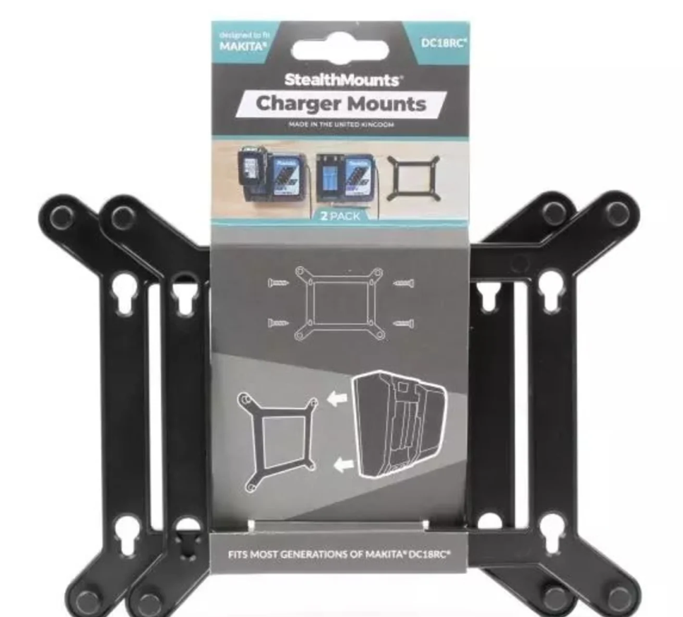 StealthMounts-laturin kiinnikesarja Makita DC18RD tuplalaturille. Pakkauksessa 2kpl.