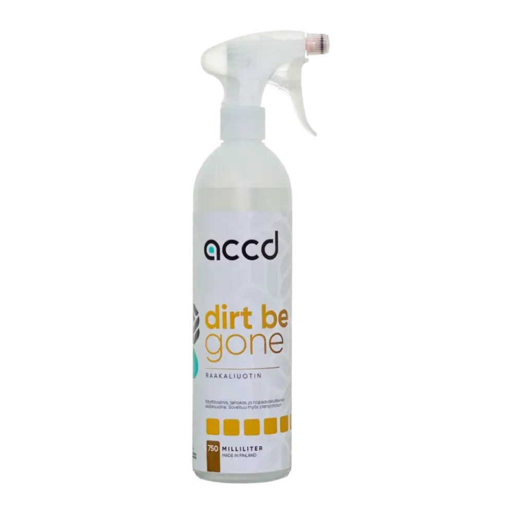 A clear plastic spray bottle with white trigger nozzle labeled accd dirt be gone hiilivetypohjainen raakaliuotin for lian auton pinnoilta removal
