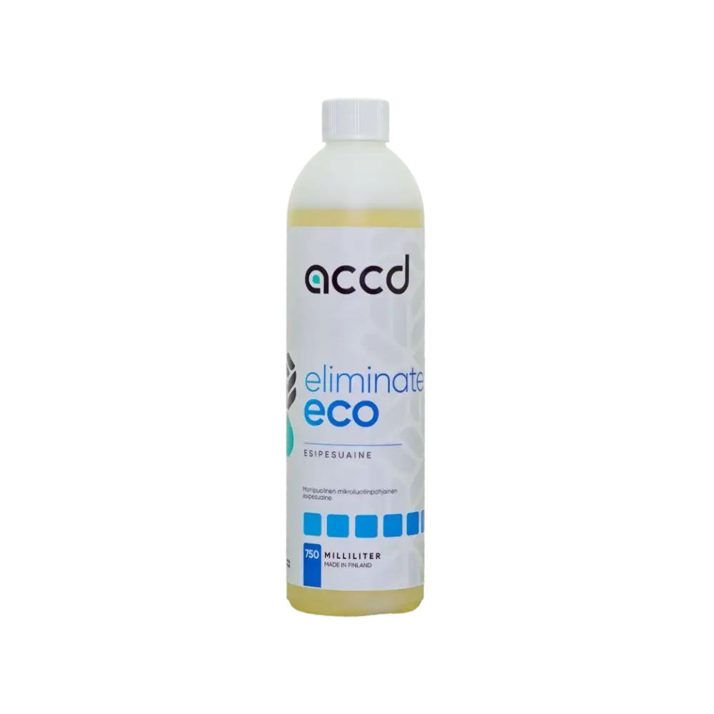 Selkeä muovipullo valkoisella korkilla, accd eliminate eco mikroliuotin 750 ml vaaleankeltaisella nesteellä