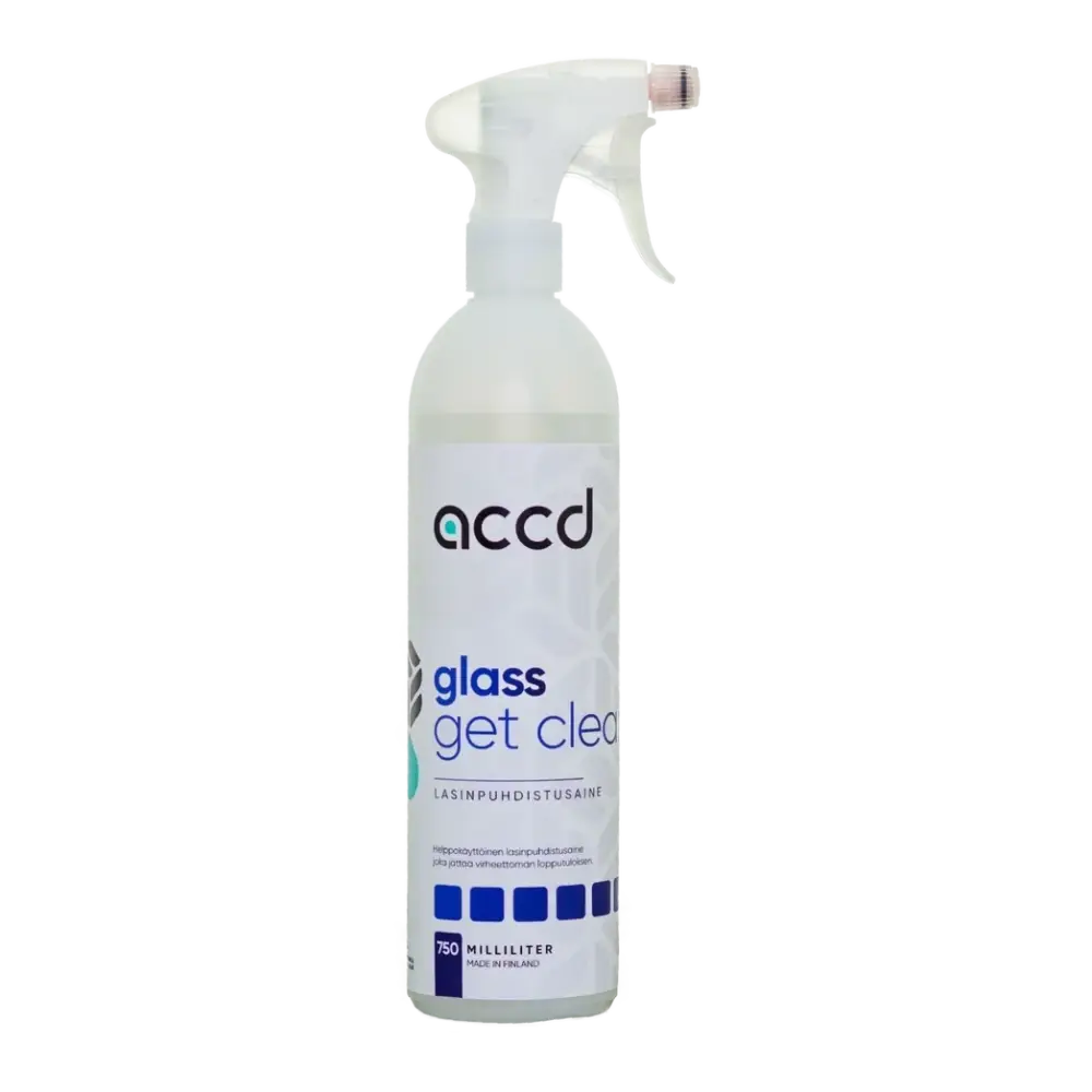 A clear plastic spray bottle with a white trigger nozzle labeled accd glass get clean clean lasinpuhdistusaine 750ml
