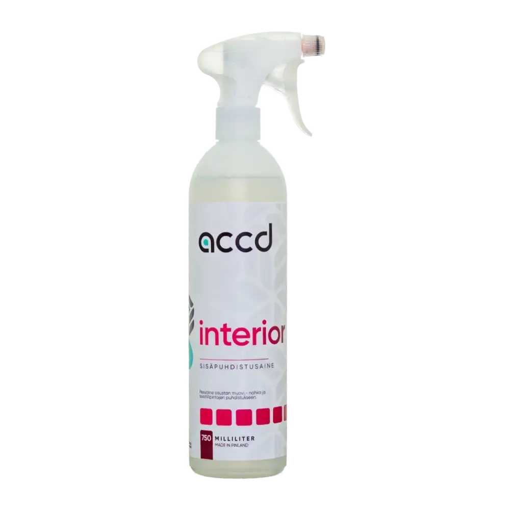 A clear plastic spray bottle of accd interior sisäpuhdistusainetiiviste 750ml with white trigger nozzle and black pink label