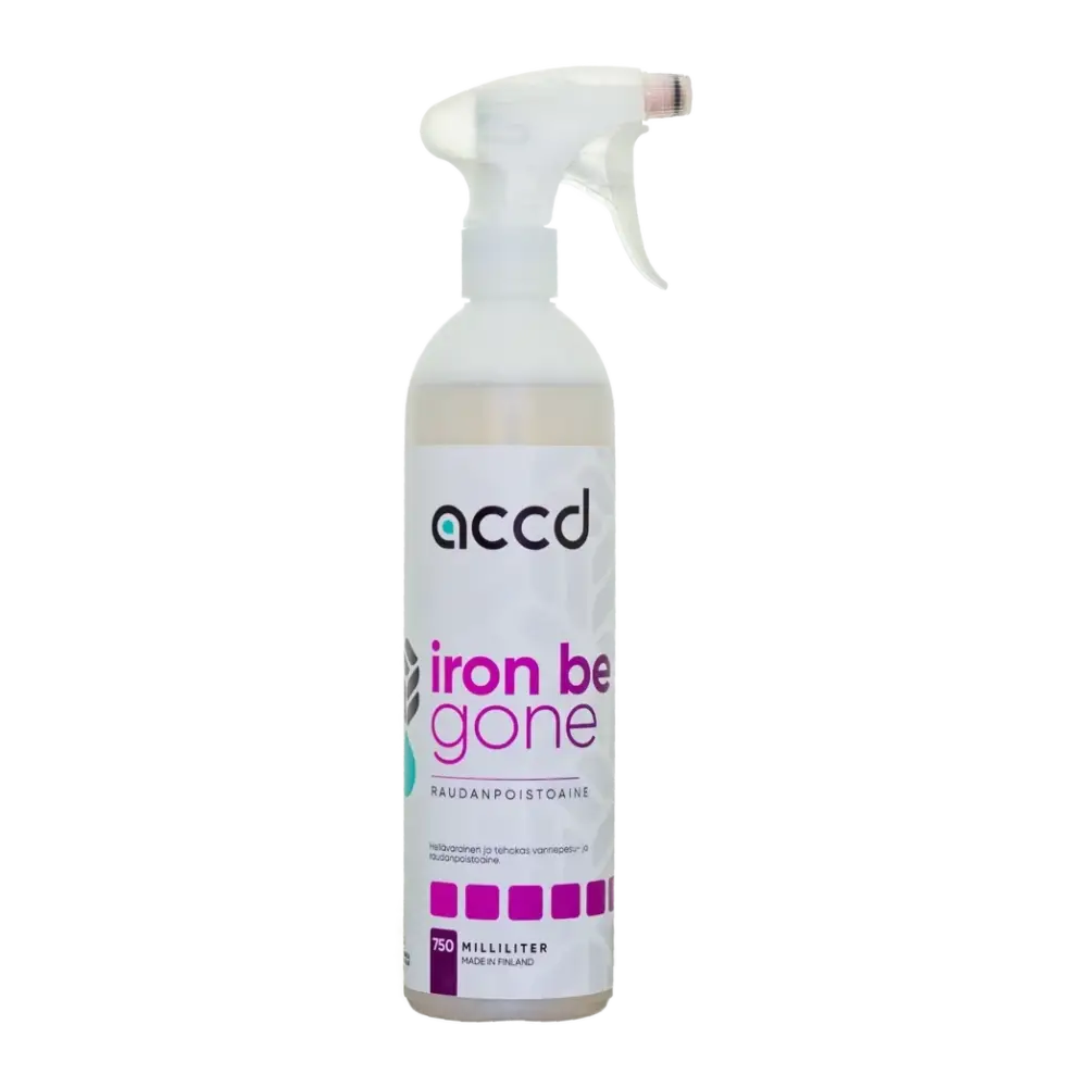White spray bottle with clear trigger nozzle labeled accd iron be gone raudanpoistoaine 750ml for rust removal