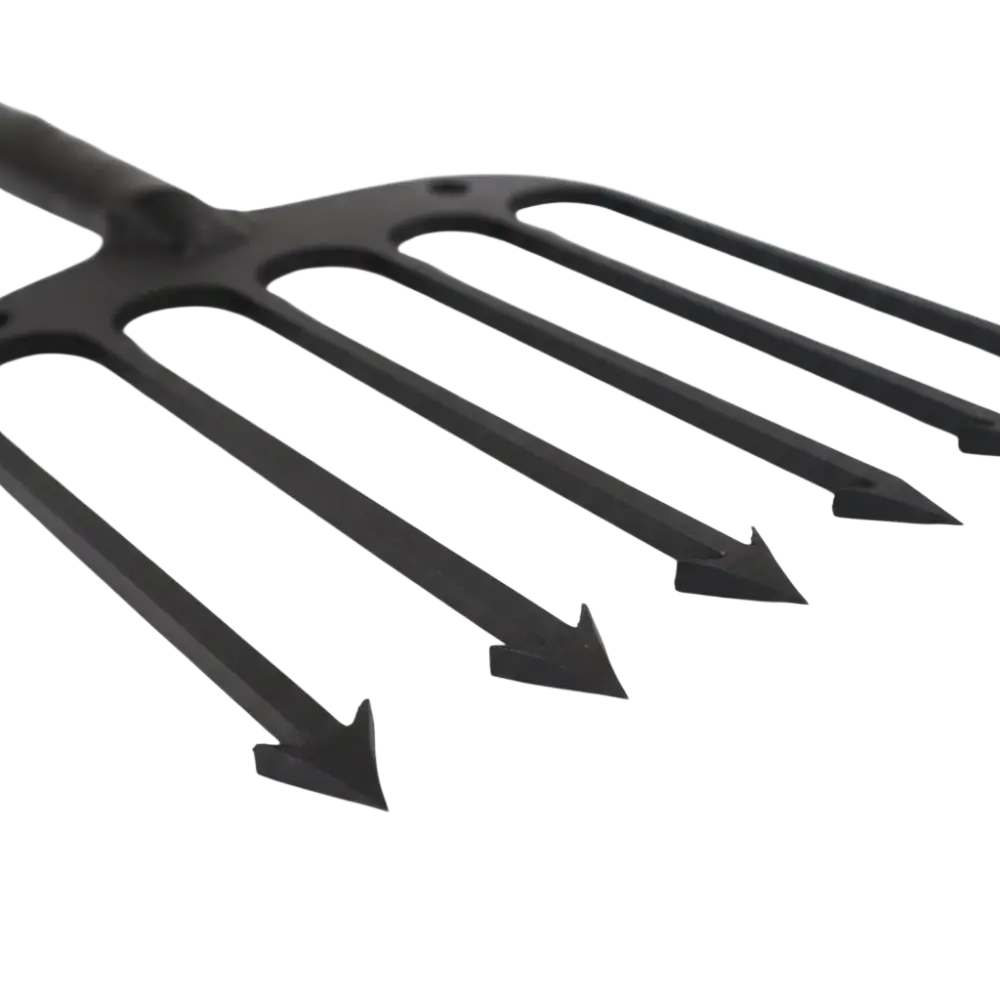 Black metal pitchfork with four pointed tines from suomalainen laxström atrain product lineup