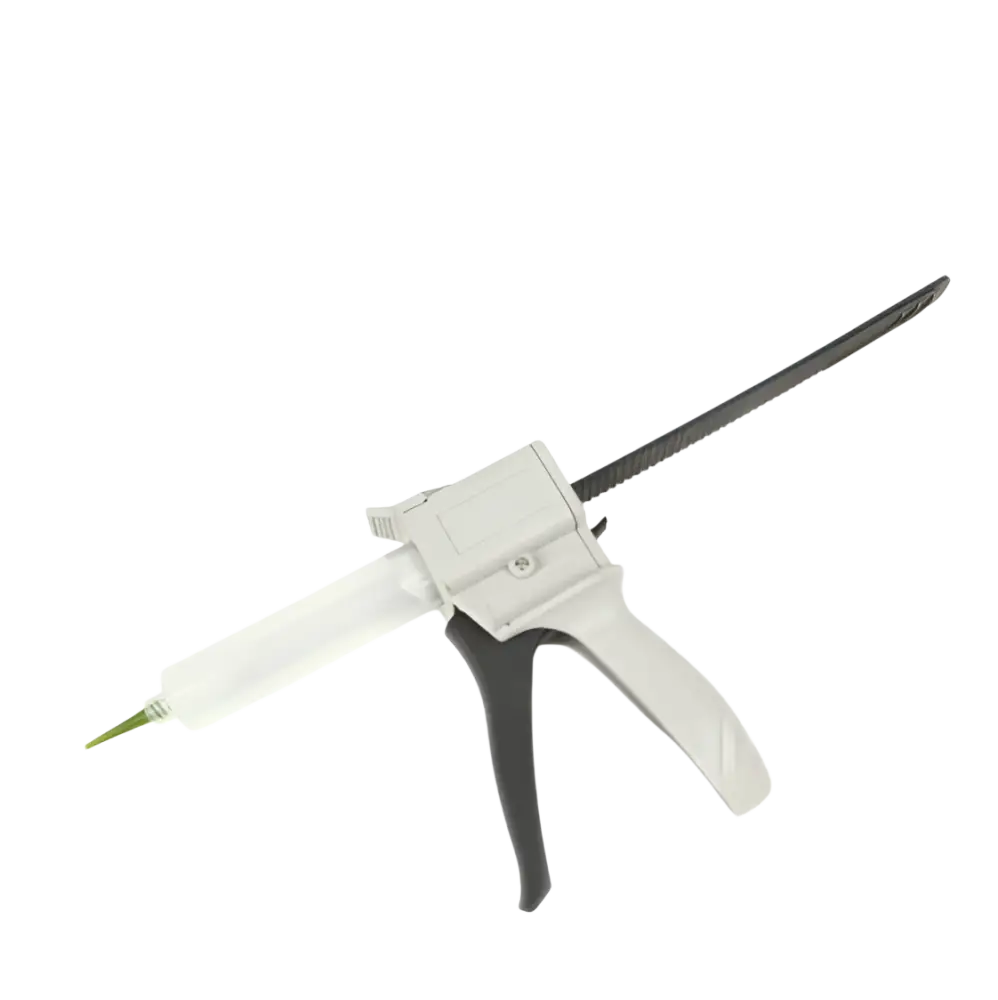 Gray and black plastic baits liimapistooli 30cc with white cartridge and green tip for 30cc and 55cc containers