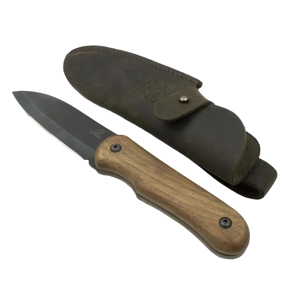 Beavercraft eräpuukko 210 mm hiiliteräs musta terä pähkinäpuinen kahva aitoa nahkaa koteloineen