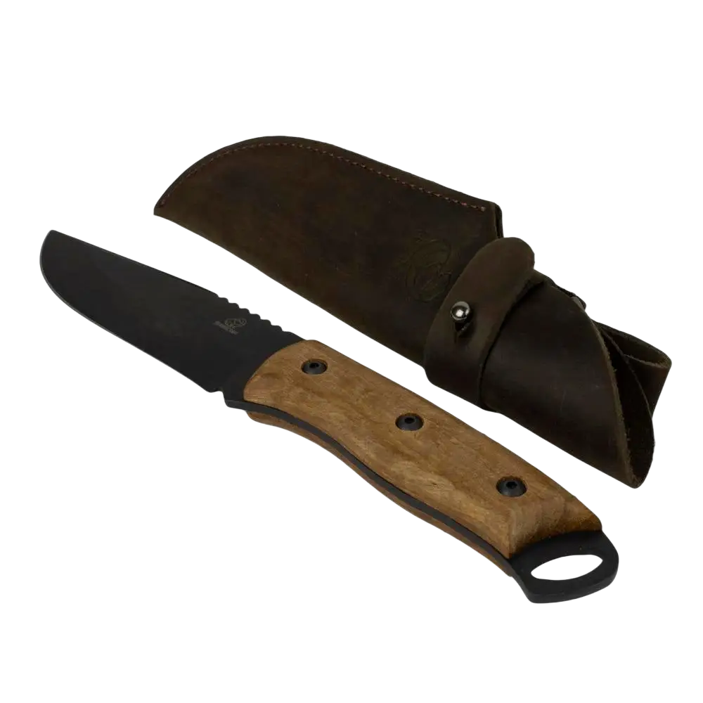 Beavercraft eräpuukko 250 mm hiiliteräs musta metallipinnoite suojaa terää pähkinäpuu kahva ja tummanruskea nahkakotelo