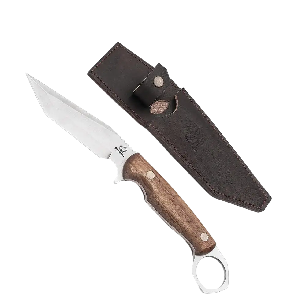 A sleek beavercraft cgk1 eräpuukko with silver blade, brown pähkinä wooden handle, and a dark lehmännahkainen vyökotelo sheath