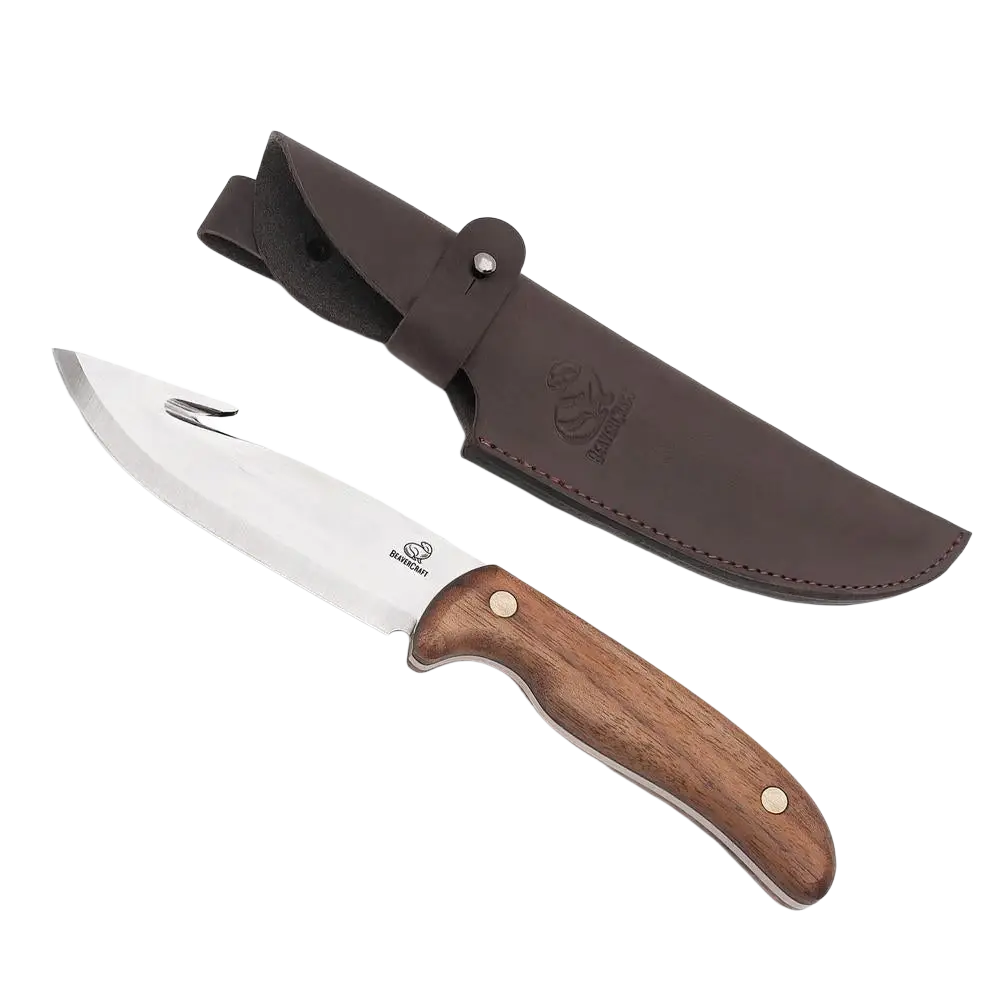 Beavercraft gtk1 kalastuspuukko 250 mm pähkinäpuu kahvalla ja ruskea nahkainen kotelo saaliin suolistamiseen
