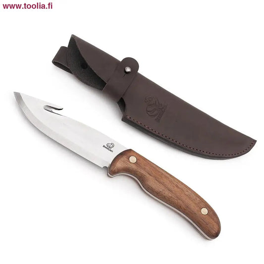 BeaverCraft Kalastuspuukko GTK1  250 mm pähkinäpuu + kotelo|BeaverCraft Kalastuspuukko 250 mm myyntipakkaus|BeaverCraft Kalastuspuukko 250 mm kdäessä|BeaverCraft Kalastuspuukko 250 mm tiedot