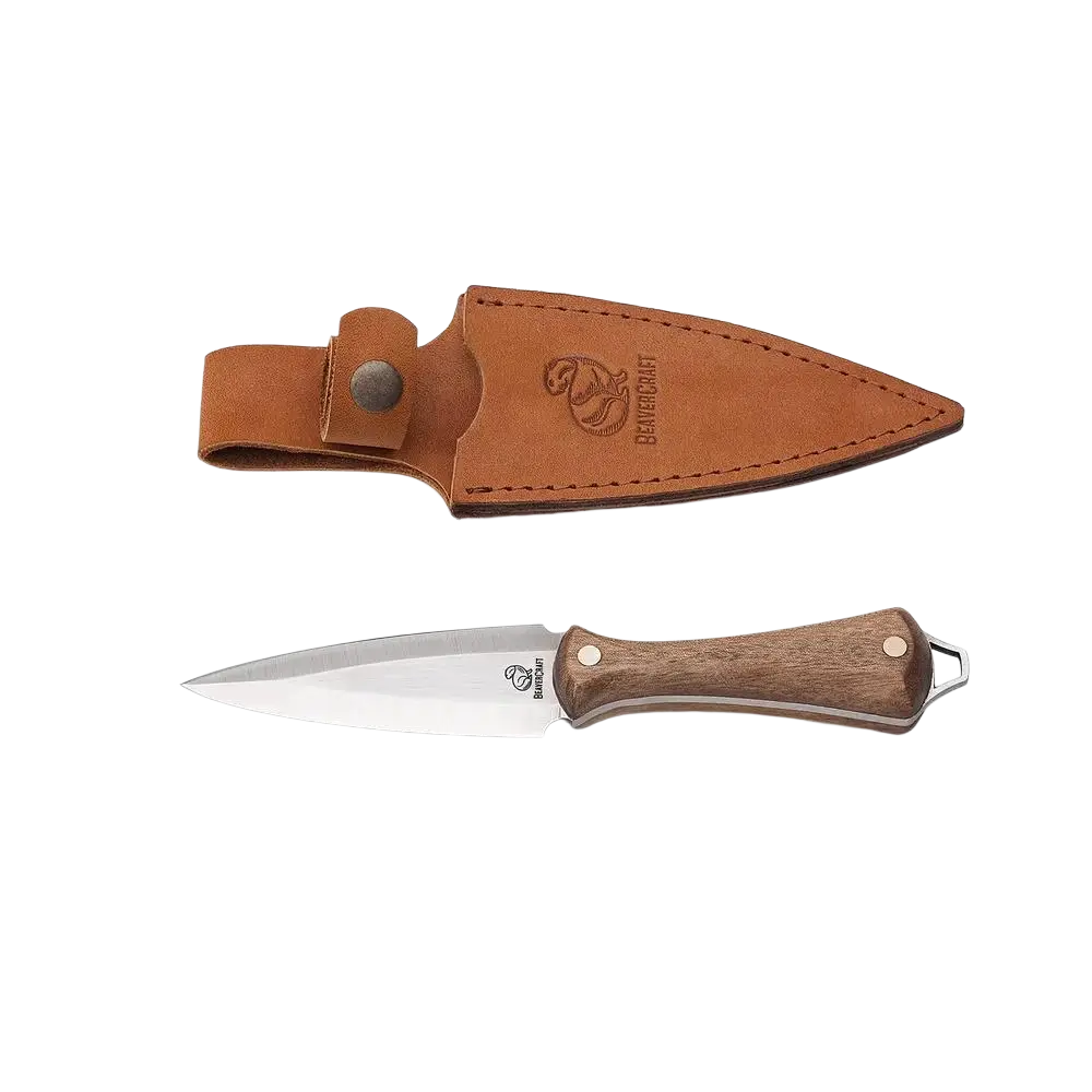 Beavercraft kaulaveitsi 146 mm ruskea puisella kahvalla ja rst-terällä sekä tan nahkatuppi kevyt rakenne
