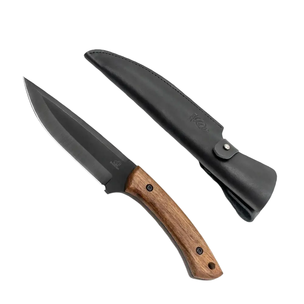 A sleek black beavercraft hgk1 metsästyspuukko with a wooden handle and matching black leather sheath