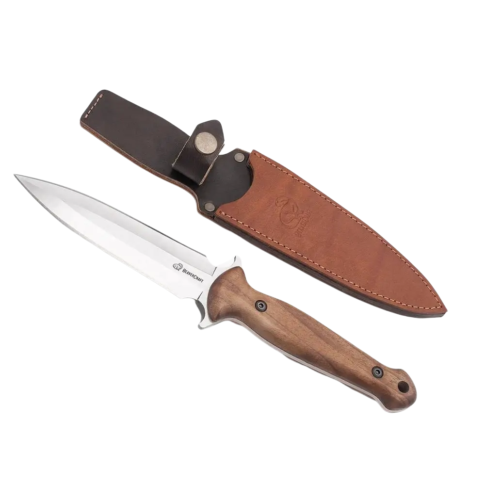 Beavercraft tlk2 taktinen puukko 280 mm, terävä spear point terä hopeanvärinen, kahva pähkinäpuuta ja ruskea tuppi