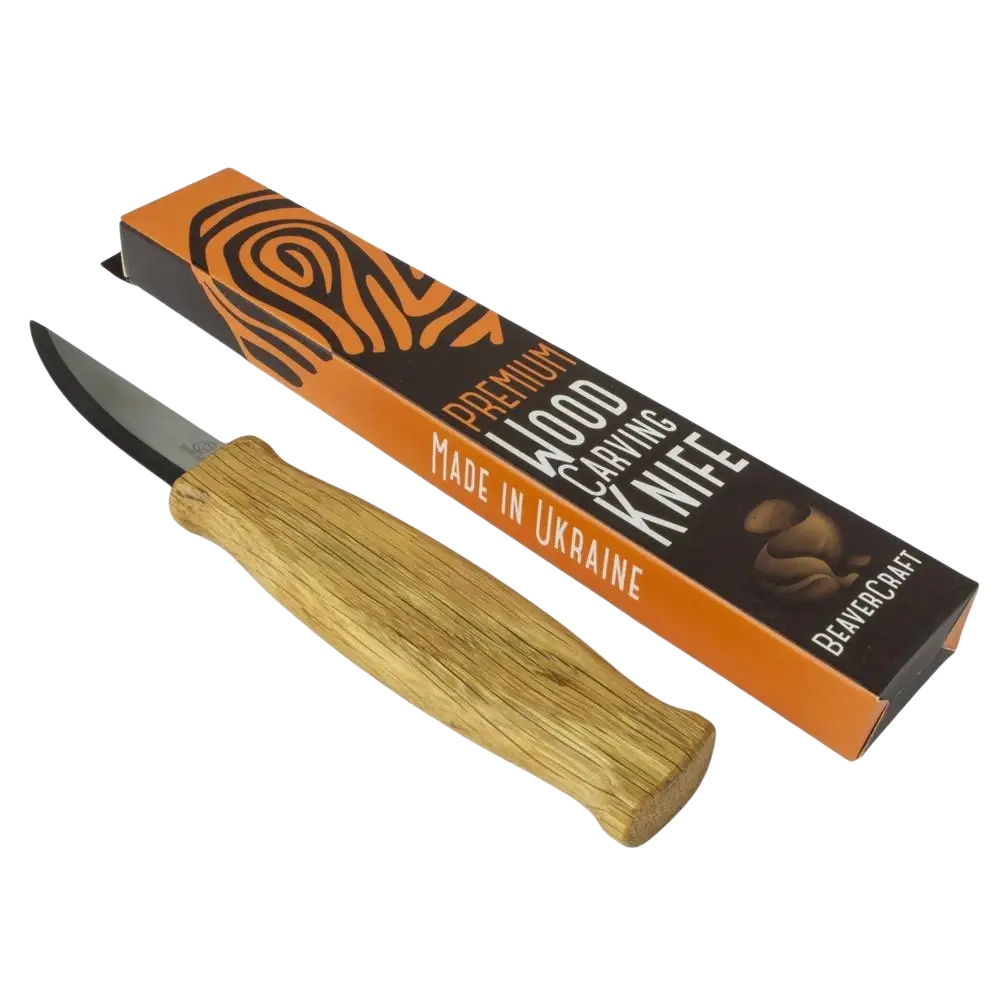 Beavercraft vuolupuukko 80 mm tamminen muotoiltu kahva ja musta terä puukonveistoon