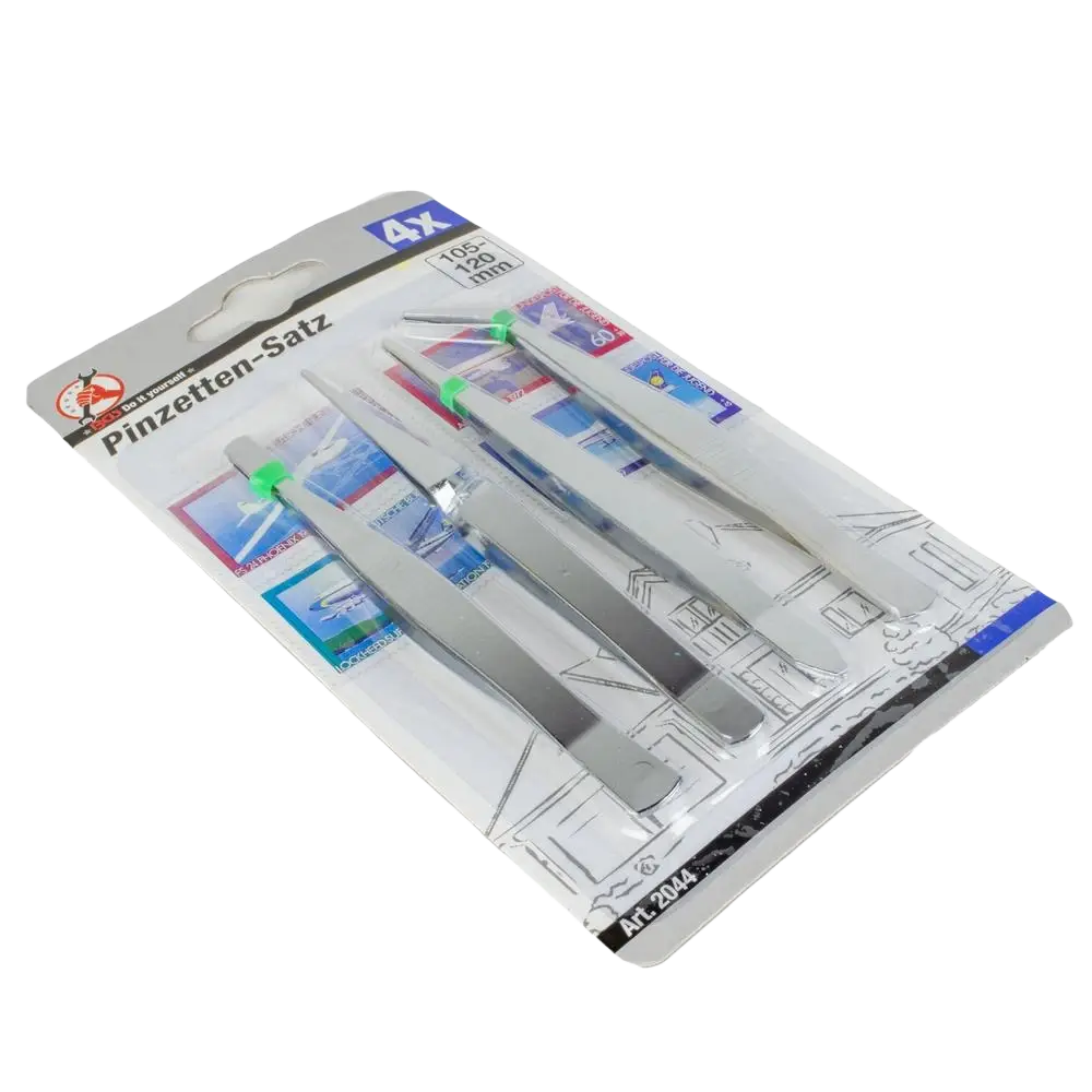 Set of four stainless steel precision tweezers with green plastic tips in clear blister pack bgs pinsettisarja