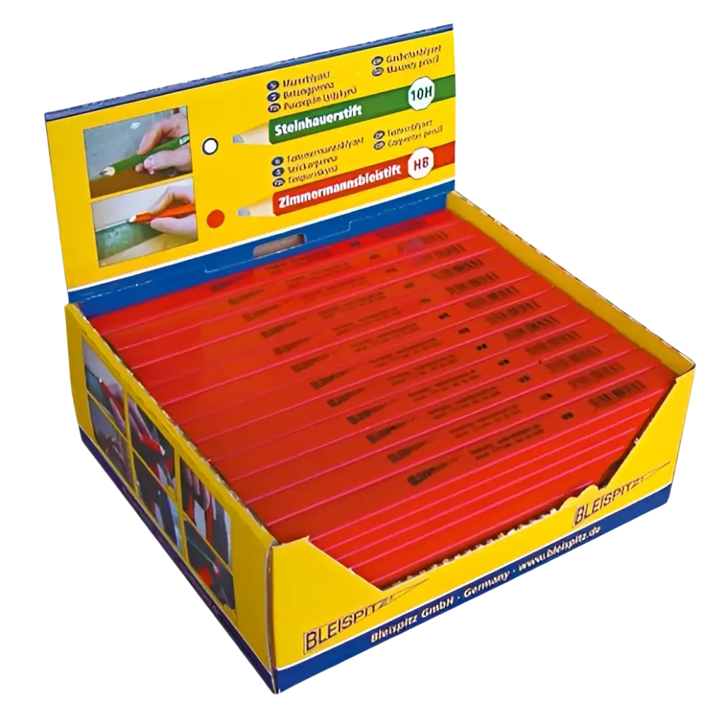 A box of red bleispitz timpurinkynä medium carpenter pencils with black text and kahdeksankulmainen muotoilu in a yellow and blue display