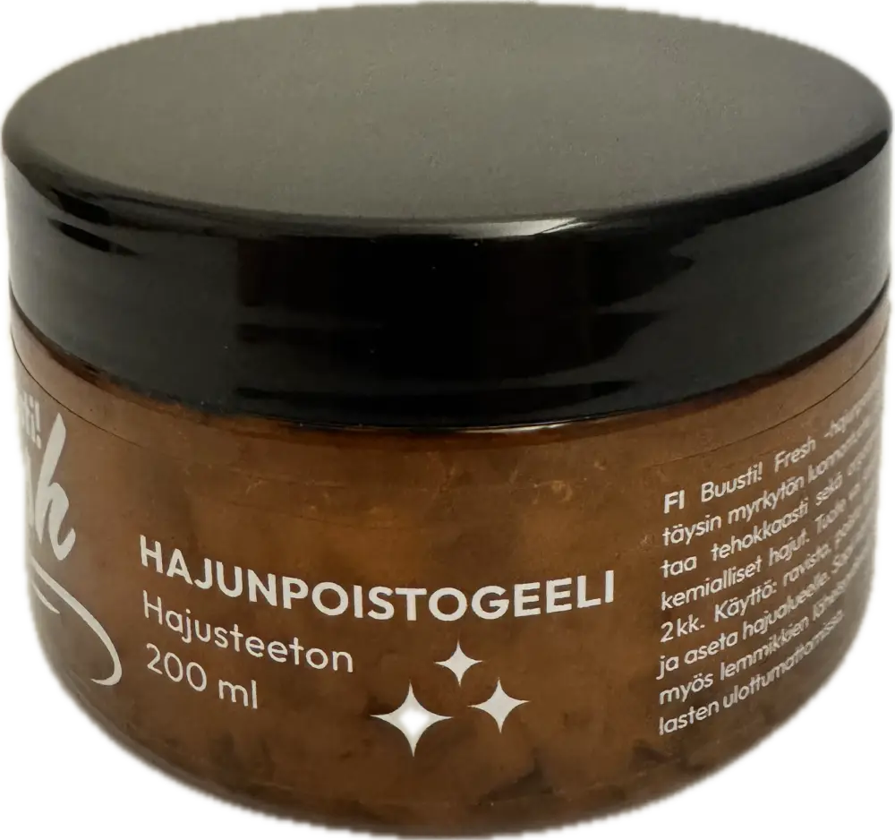 Ruskea lasipurkki mustalla kannella sisältää buusti hajunpoistogeeli täysin myrkyttömän luonnontuotteen 200 ml