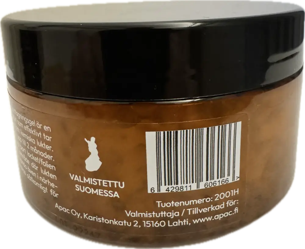 Ruskea lasipurkki mustalla kannella ja valkoisella tekstillä buusti hajunpoistogeeli täysin myrkytön luonnontuote 200 ml