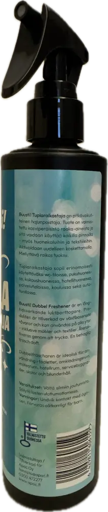 Musta suihkepullo mustalla suuttimella ja turkoosilla etiketillä buusti tuplaraikastaja 300ml tuotteessa