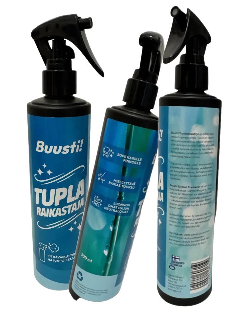 Kolme mustaa buusti tuplaraikastaja 300ml suihkepulloa sinisillä ja turkooseilla etiketeillä