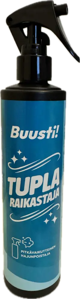 Sininen buusti tuplaraikastaja 300ml suihkepullo mustalla suuttimella ja laukaisimella