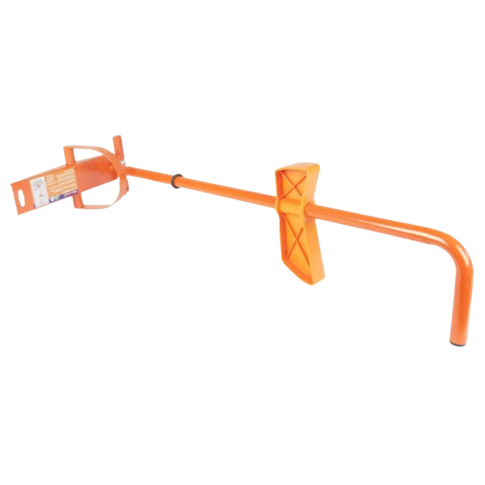Oranssi muovikahvallinen levynasennustuki blocplac seinaa vasten ergonomisilla otteilla ja kaarevalla päällä