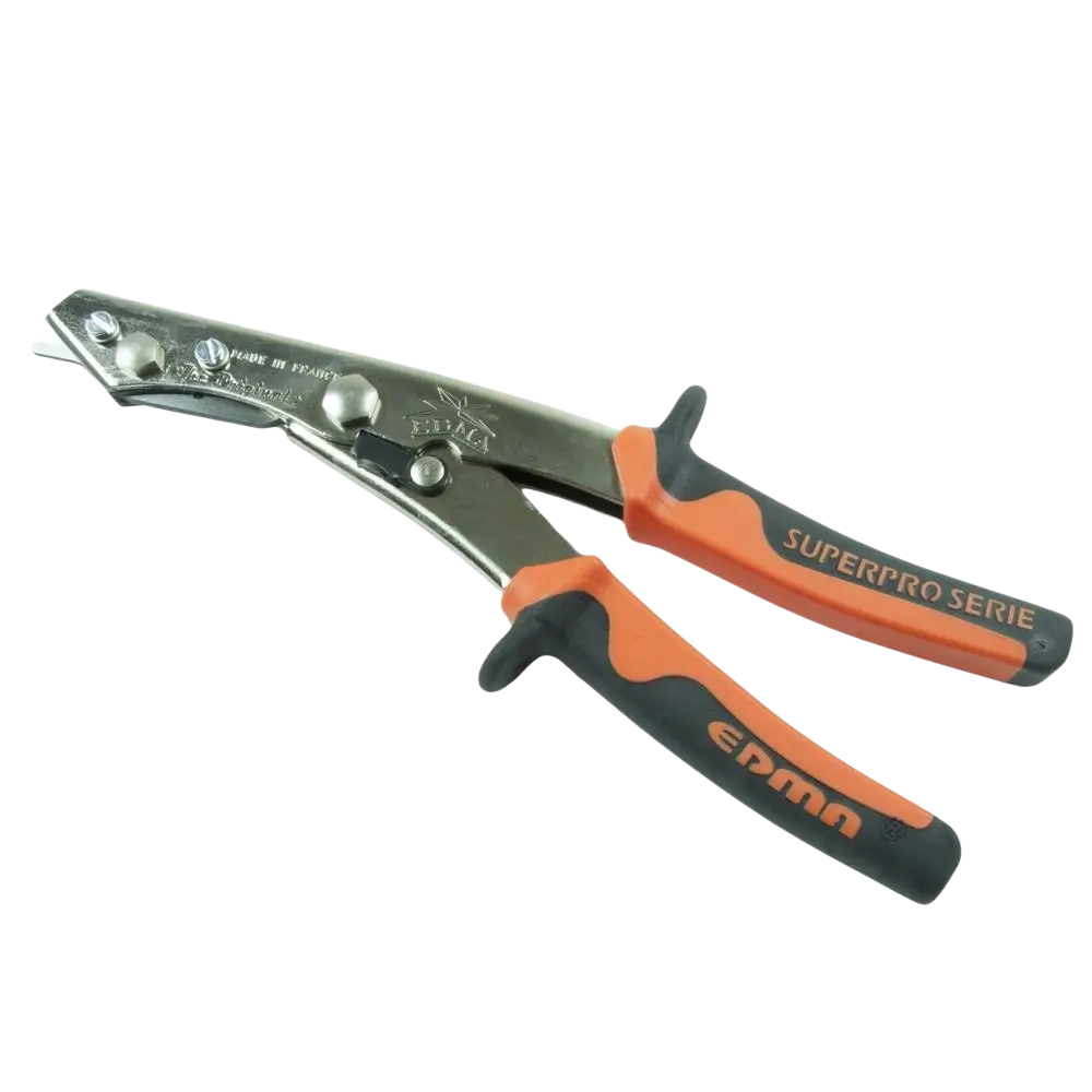 Oranssi musta edma peltisakset 275 mm vaihdettavalla terällä kiskojen leikkaamiseen metalliputkille ergonomisella kahvalla