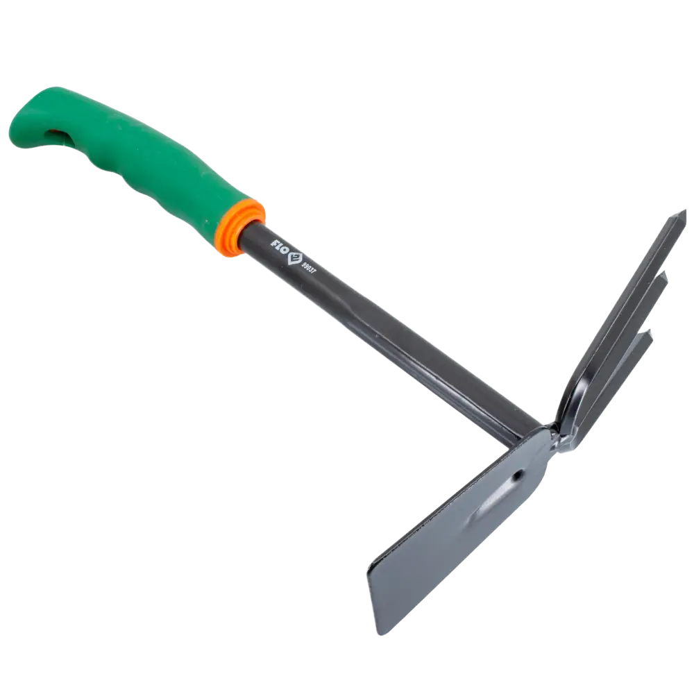 Flo puutarhakuokka 300 mm oranssi ja vihreä varsi terävää piikkiä rikkaruohojen poistamiseen mustalla metallivarrella