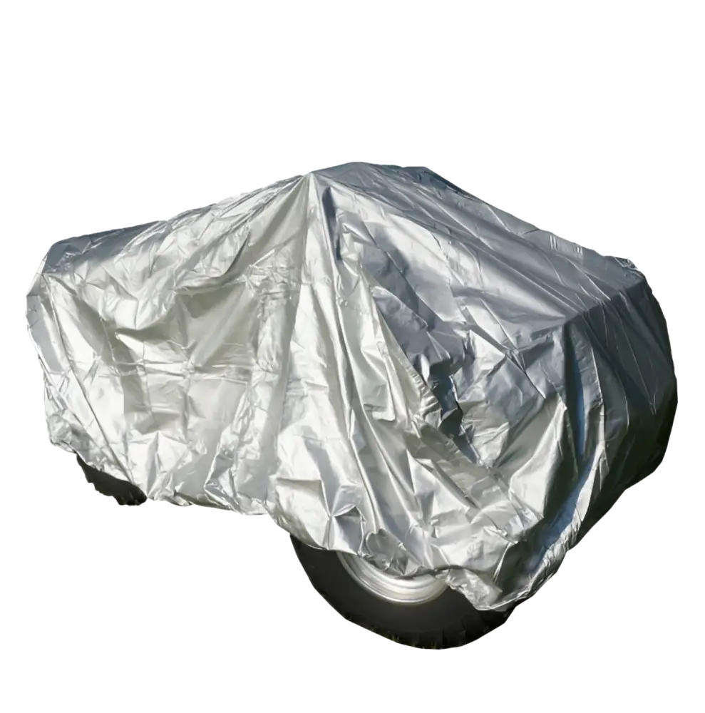 Vettähylkivä materiaali ja hopeanvärinen heijastava suojapeite xl 250x85x125cm mönkijälle kevyestä rypytetystä kankaasta