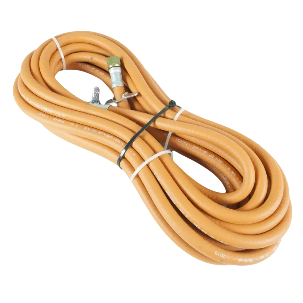 Coiled orange idealgas nestekaasuletku 10m with metallic 3/8 inch connectors and black and white ties en3821-standardin mukainen
