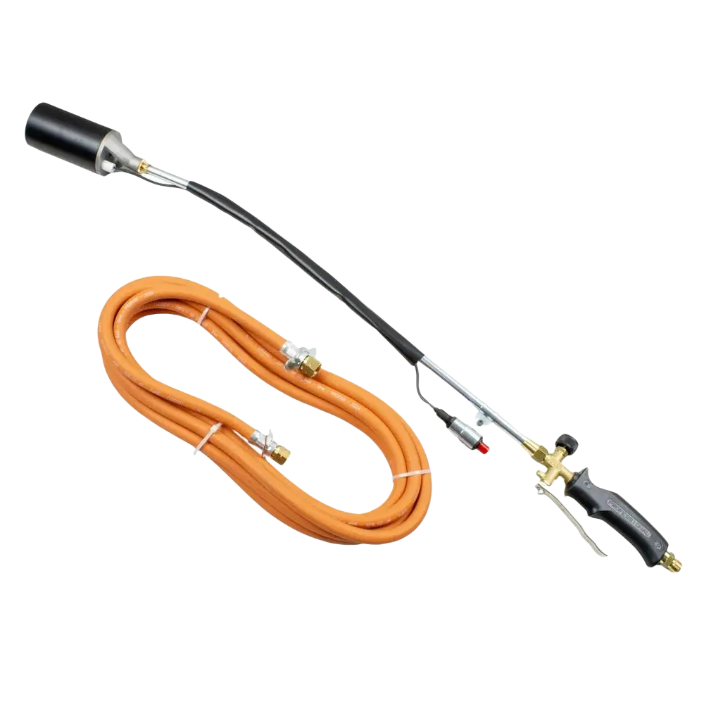 Black and brass idealgas nestekaasupoltin with 900 mm polttimen halkaisija and 5 m orange hose myydään erikseen