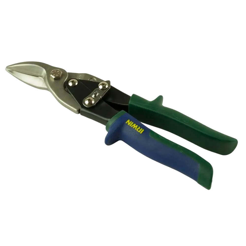 Irwin peltisakset 250 mm oikea suora leikkaus tin snips with hammastettu alaterä and green blue ergonomic handles parantaa leikkuumukavuutta