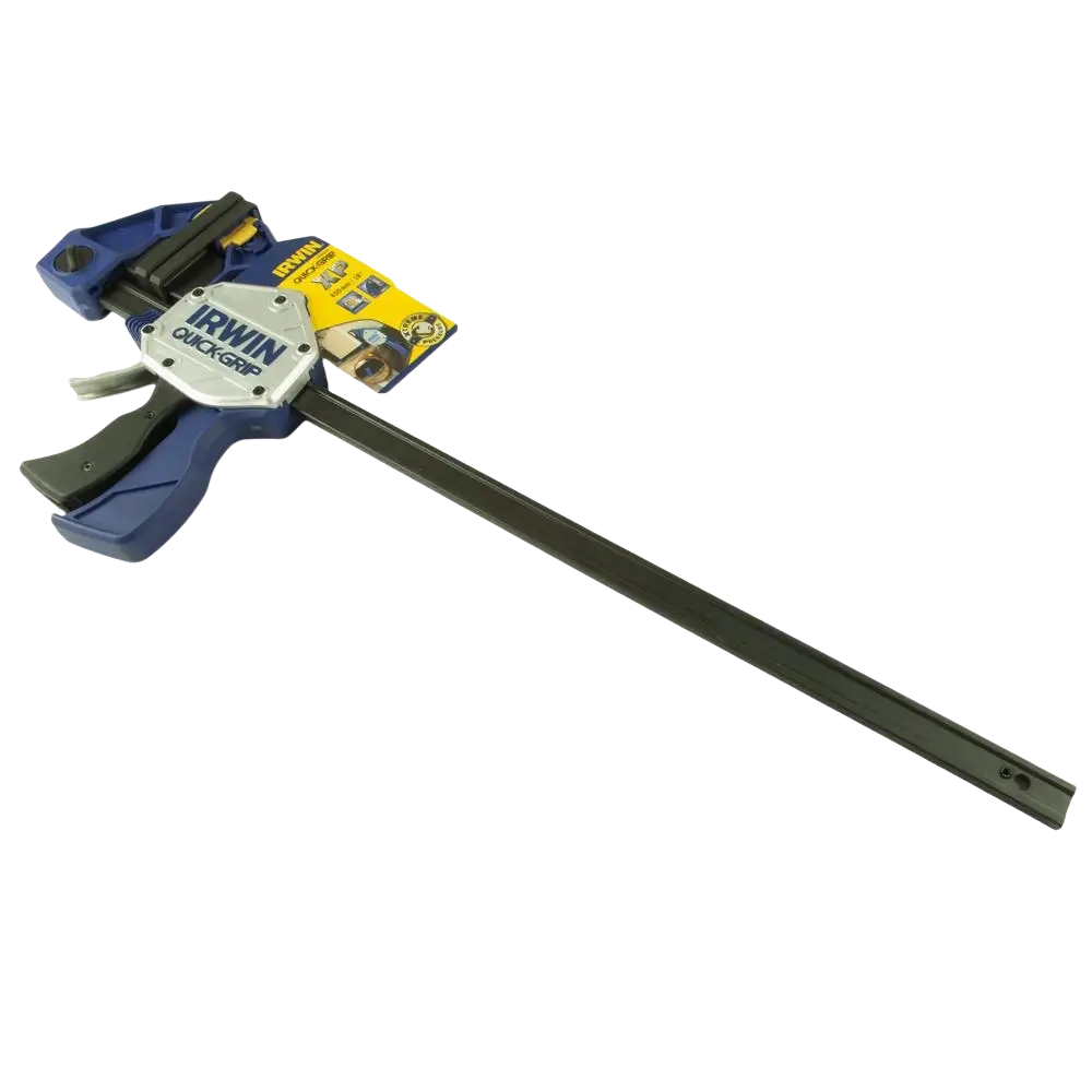 Sinimusta irwin pikapuristin raskaaseen käyttöön säädettävällä jalalla ja hopeisella säätönupilla 450 mm nopeasti kiristettävä clamp