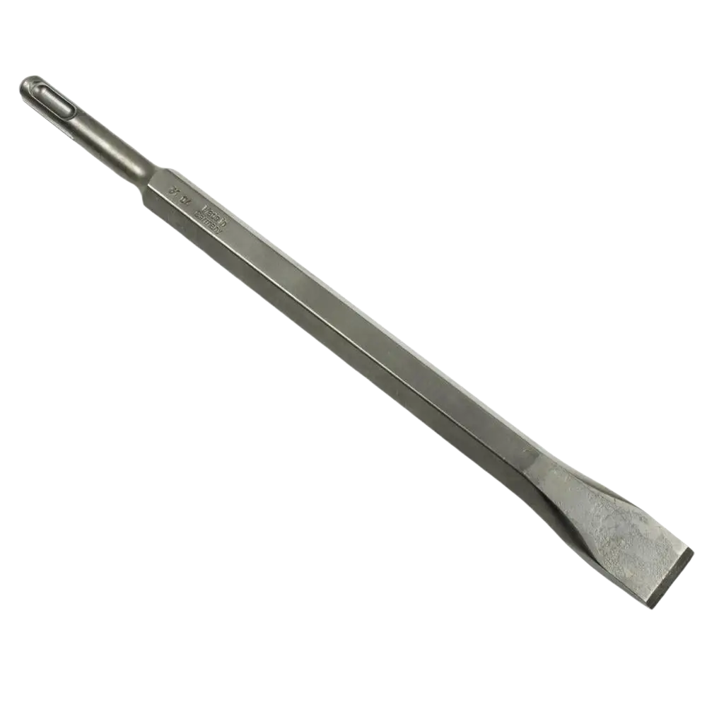 Silver-colored heavy-duty irwin speedhammer plus demolition chisel with flat worn edge and elongated grip handle 20 x 250 mm